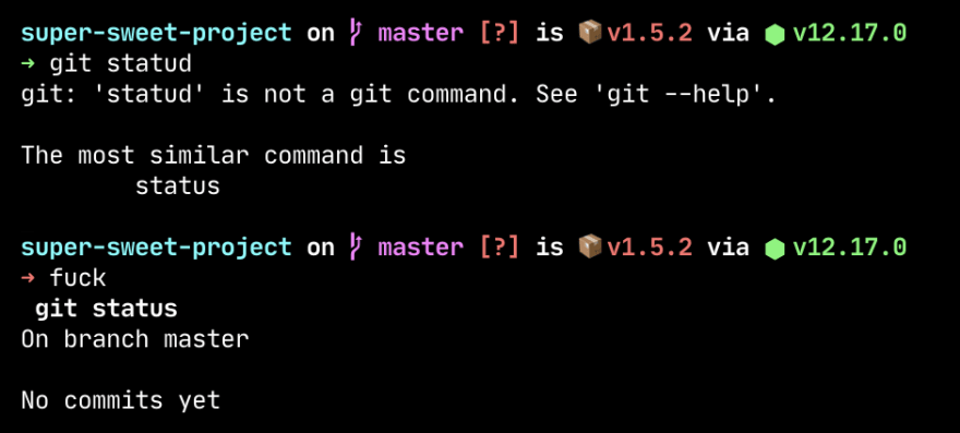 "A screenshot of a Terminal window. The first command contains a typo for git status, so the terminal returns an error. The second command is fuck, which correctly detected I meant to write git status, and runs it"